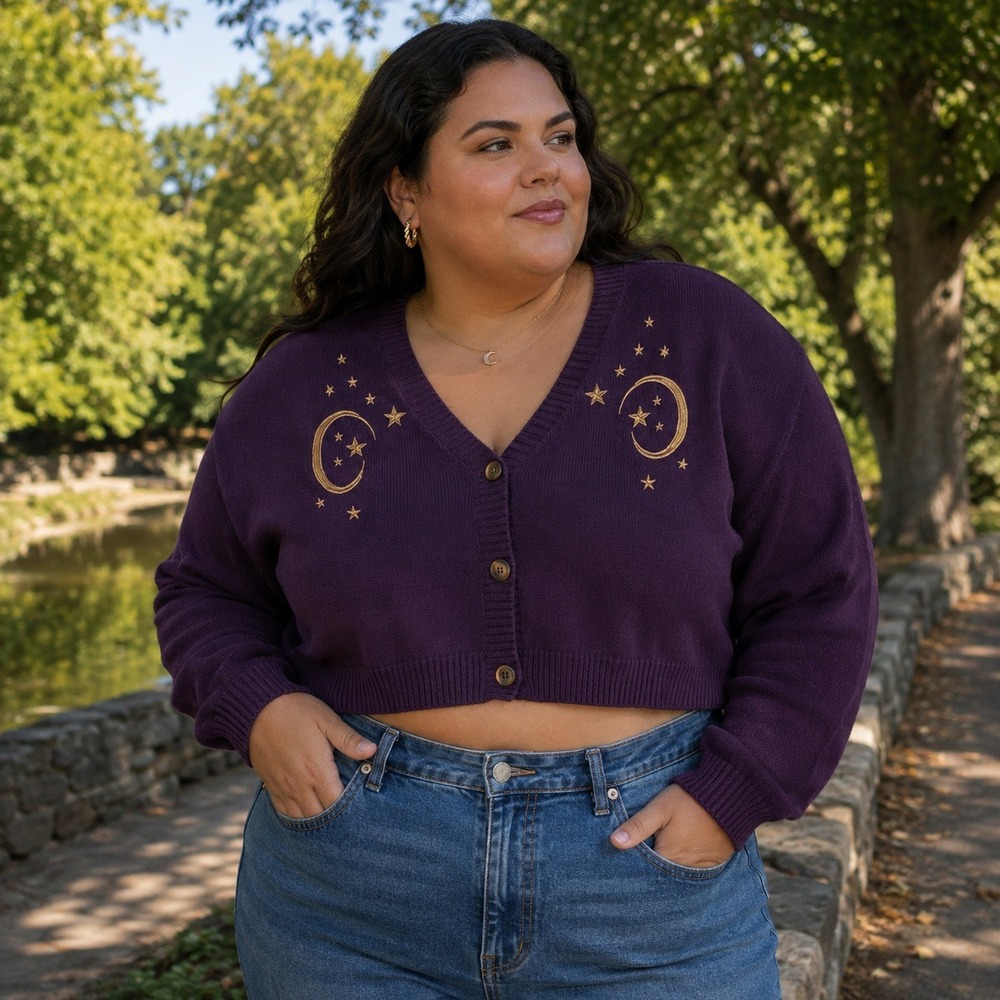 Romwe Purple Celestial Moon Stars Cropped Cardigan Sweater Womens 2XL